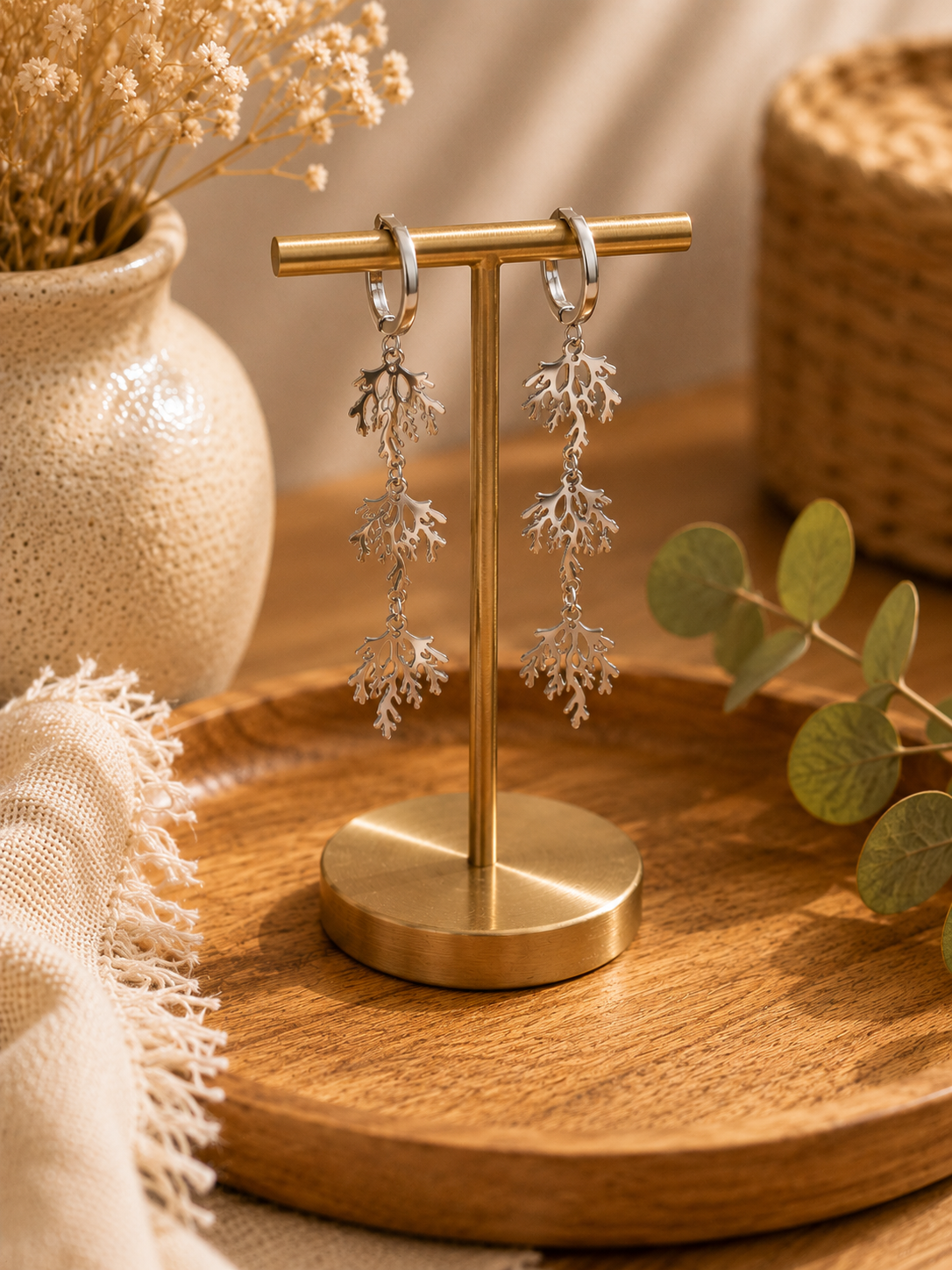 PENDIENTES ACERO CASCADA CORAL